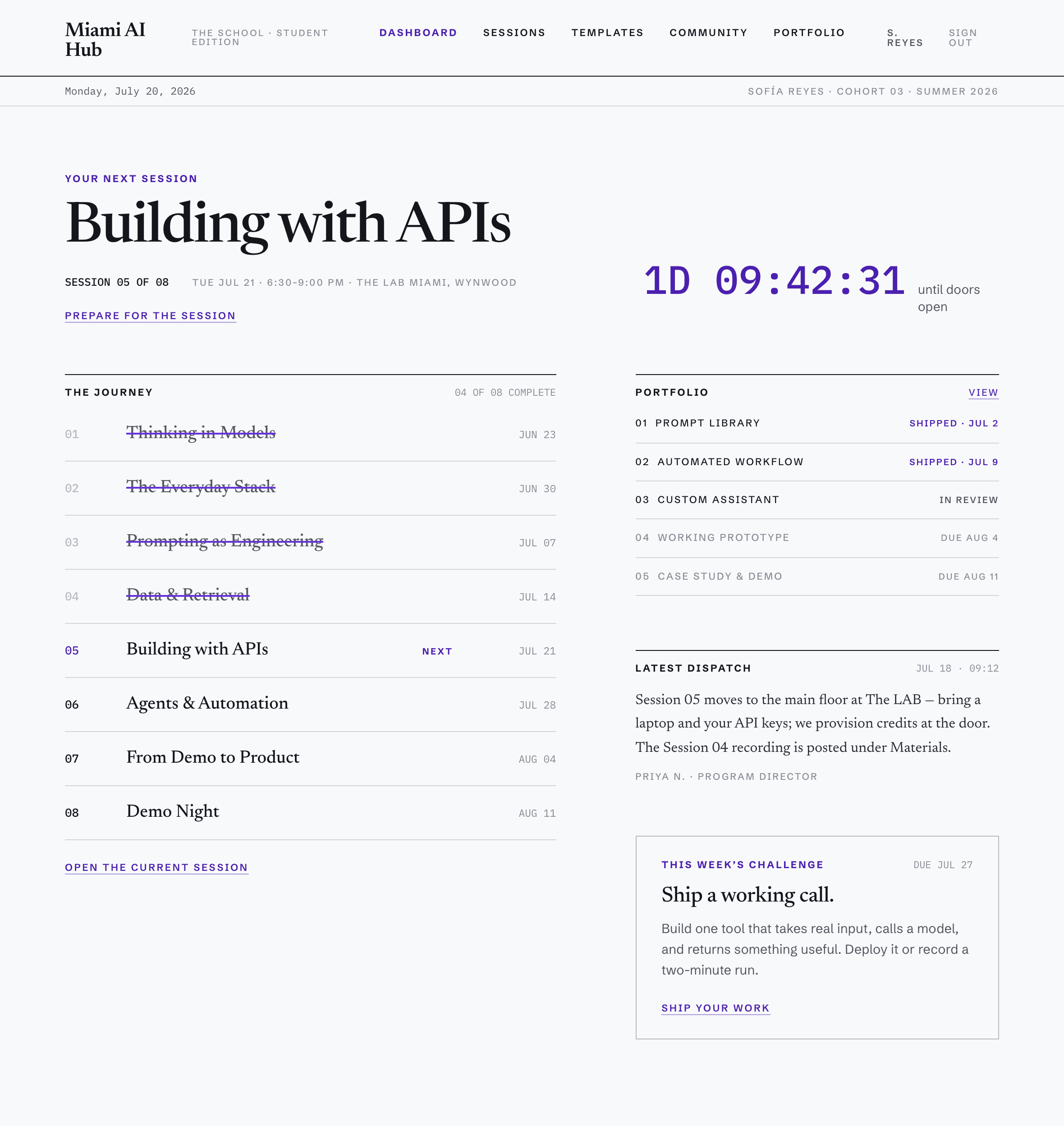 The student dashboard of the AI School platform